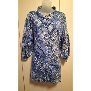 Catherines Blue Button Up Top Geometric Lace Back 3/4 Sleeve Shirt 3XW 26/28W